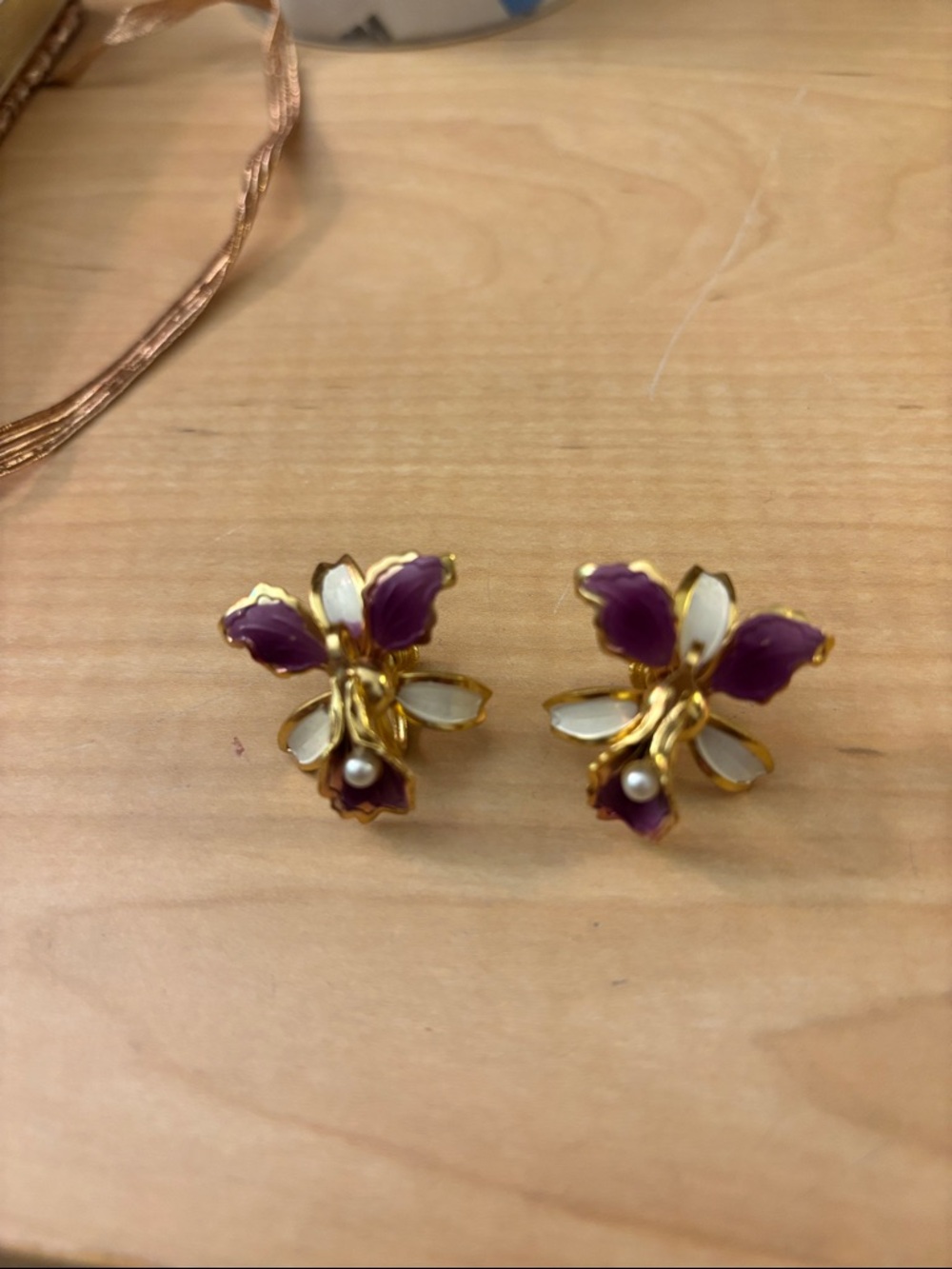 Gold-Tone Purple & White Flower Clip-On Earrings with Pearl Accent